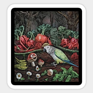 watercolor parrot tending garden with mushroom Sticker